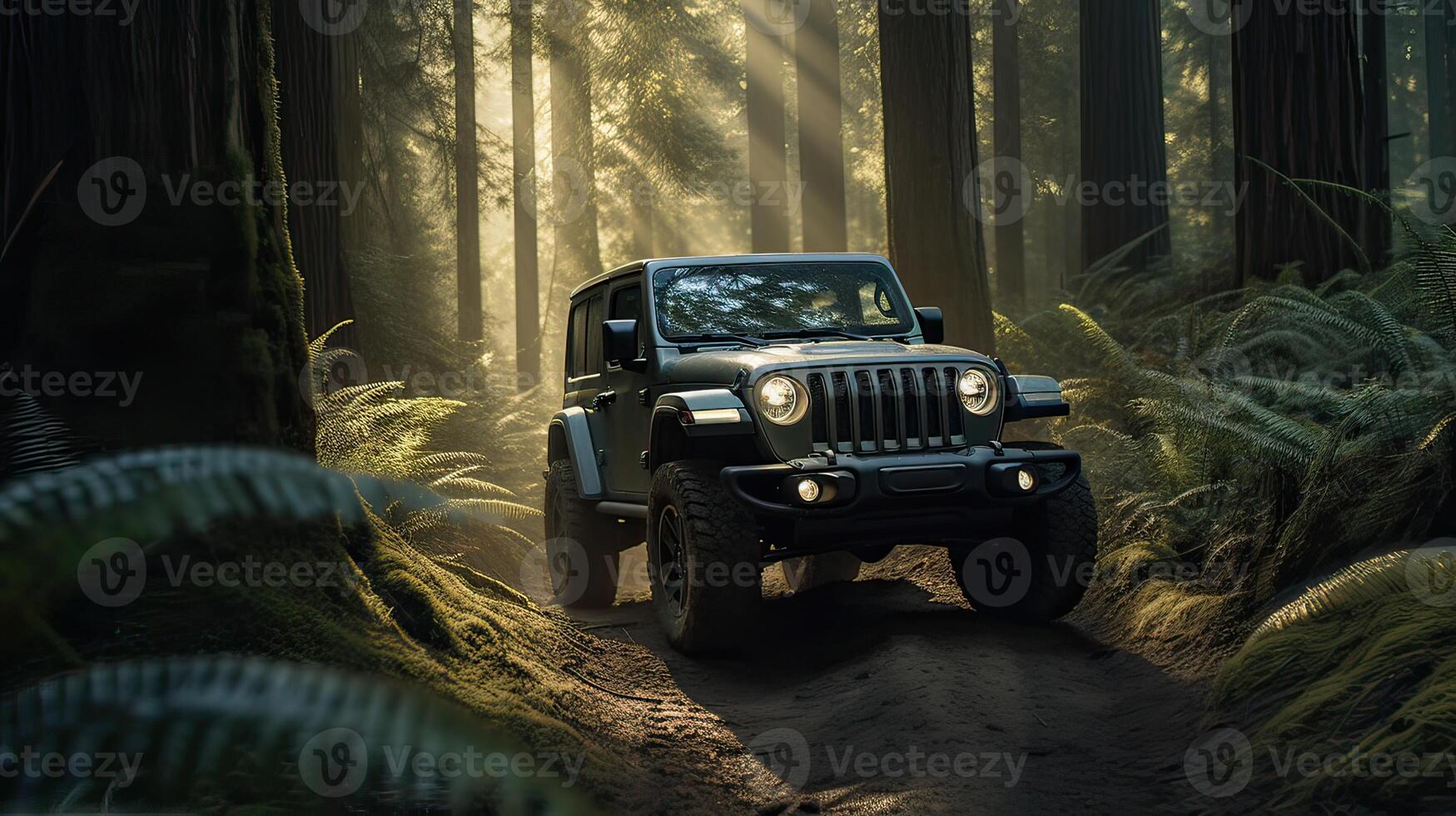 Offroad race on fall nature background. Cars racing in autumn forest. SUV or offroad car on path covered with grass crossing puddle with dirt splash. . photo