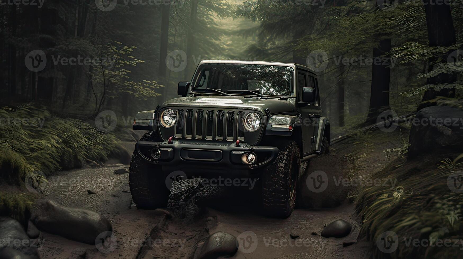 Offroad race on fall nature background. Cars racing in autumn forest. SUV or offroad car on path covered with grass crossing puddle with dirt splash. . photo