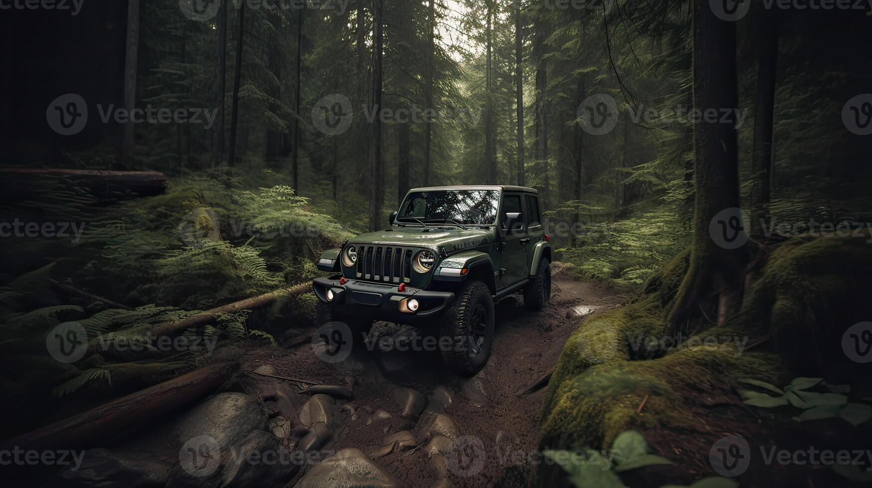 Offroad race on fall nature background. Cars racing in autumn forest. SUV or offroad car on path covered with grass crossing puddle with dirt splash. . photo