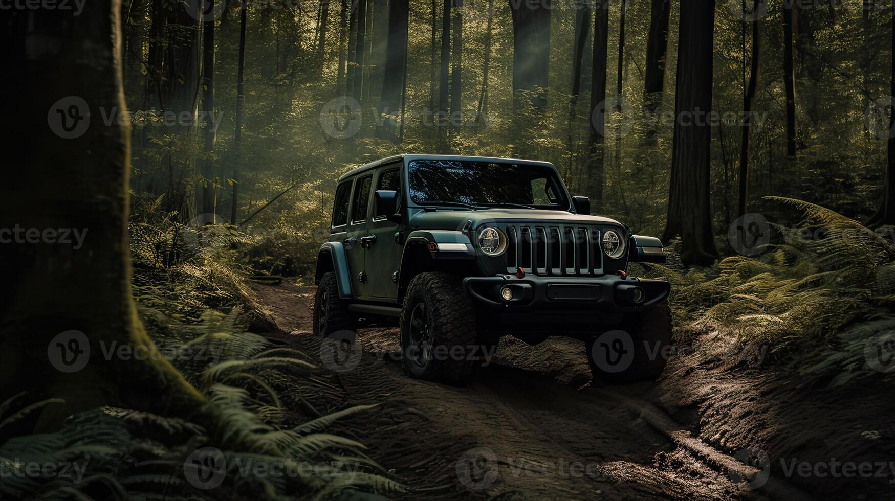 Offroad race on fall nature background. Cars racing in autumn forest. SUV or offroad car on path covered with grass crossing puddle with dirt splash. . photo