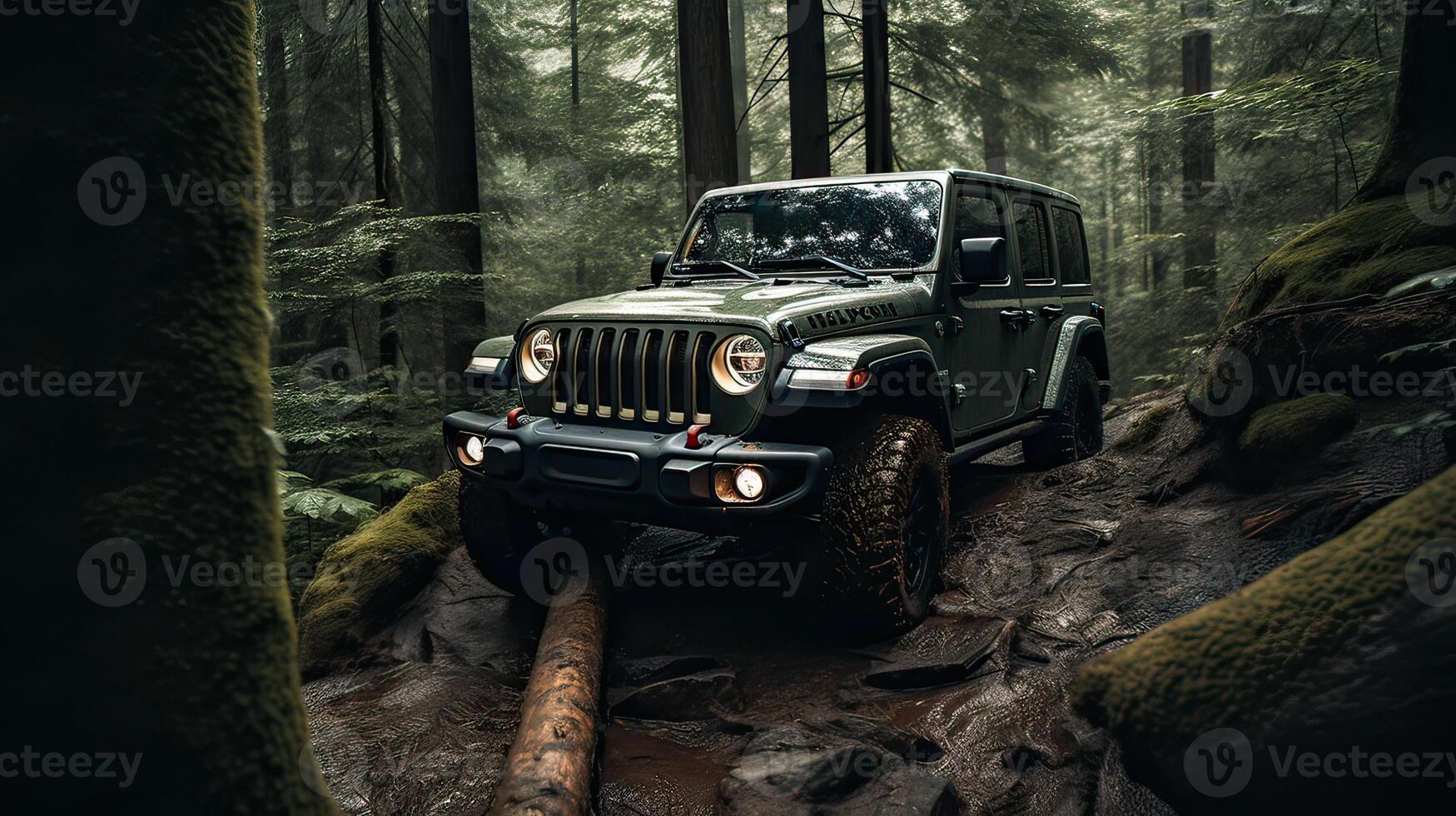 Offroad race on fall nature background. Cars racing in autumn forest. SUV or offroad car on path covered with grass crossing puddle with dirt splash. . photo