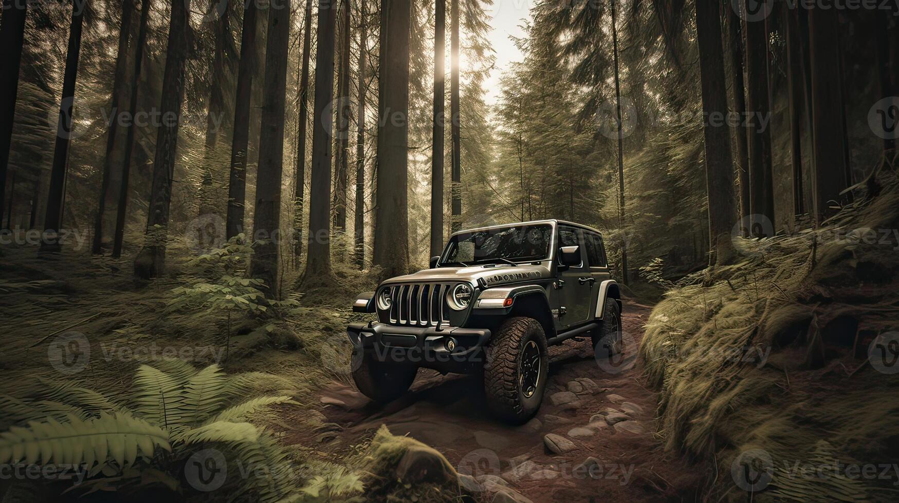 Offroad race on fall nature background. Cars racing in autumn forest. SUV or offroad car on path covered with grass crossing puddle with dirt splash. . photo