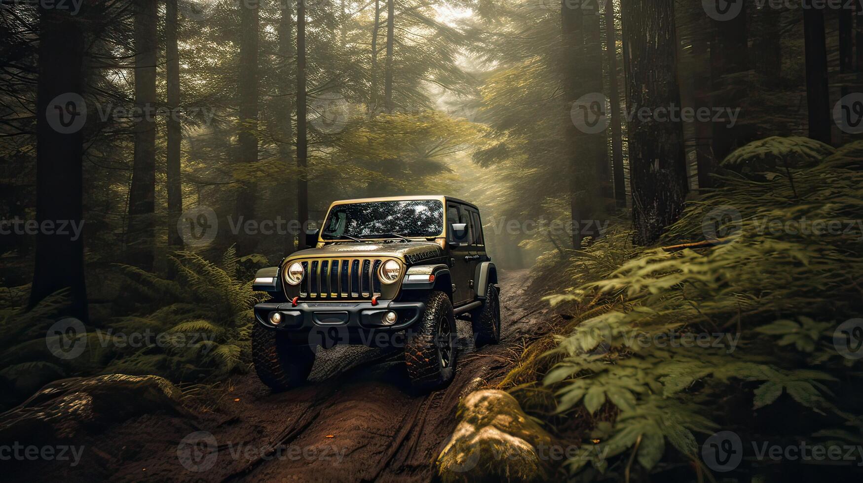 Offroad race on fall nature background. Cars racing in autumn forest. SUV or offroad car on path covered with grass crossing puddle with dirt splash. . photo