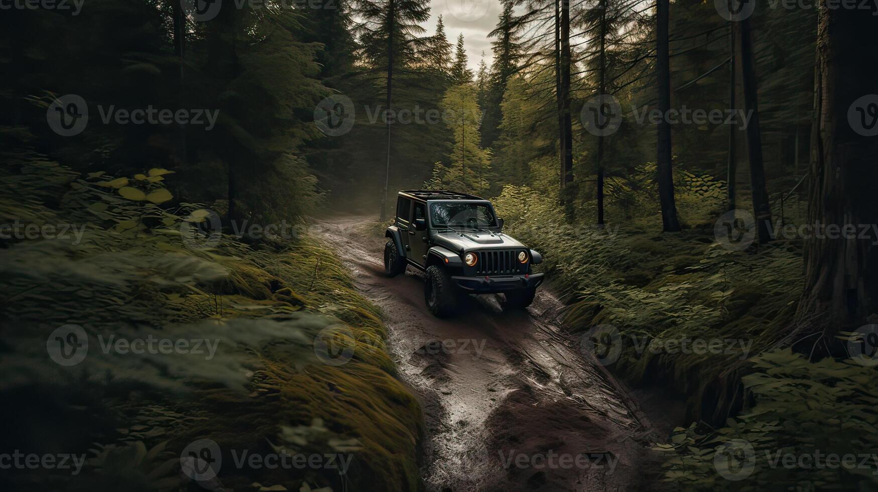 Offroad race on fall nature background. Cars racing in autumn forest. SUV or offroad car on path covered with grass crossing puddle with dirt splash. . photo