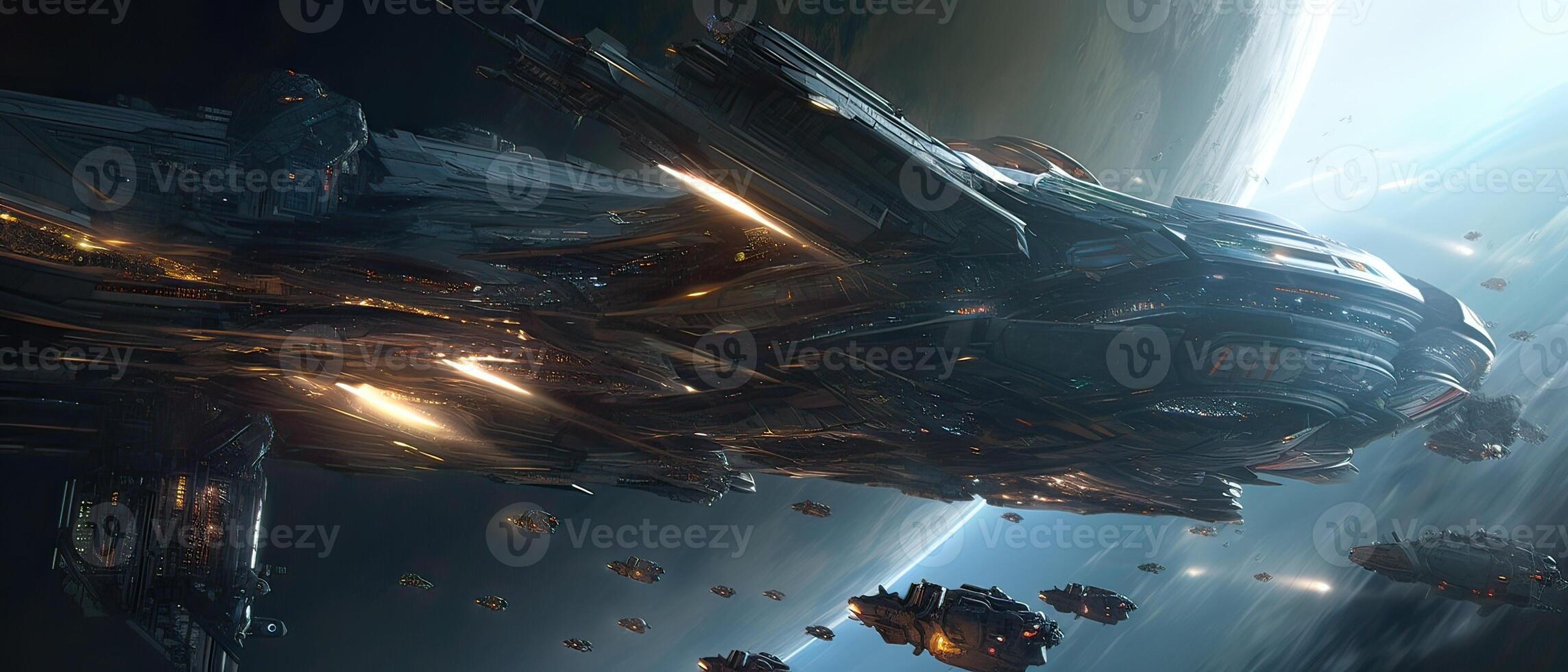 Futuristic sciFi huge battle spaceships. Futuristic sciFi huge battle spaceships concept for futuristic interstellar deep space travel for sci-fi backgrounds. . photo