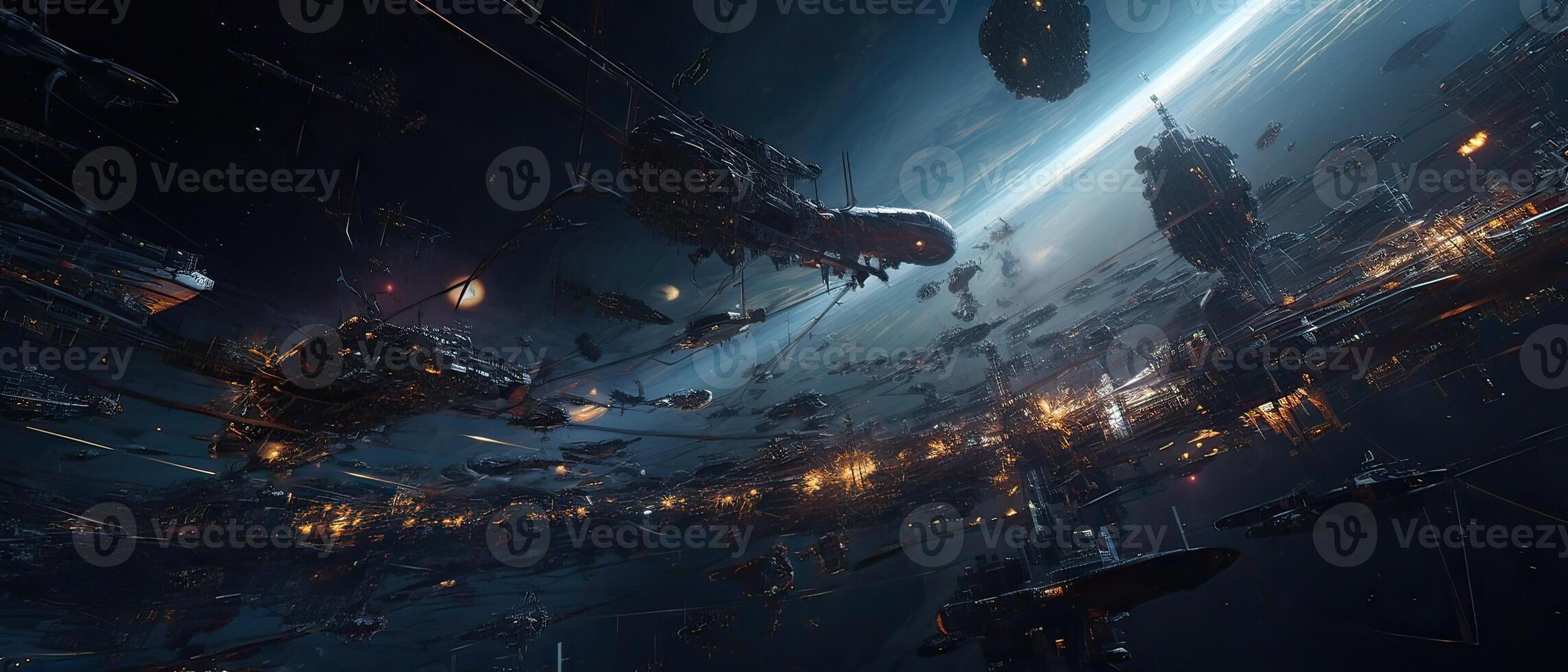 Futuristic sciFi huge battle spaceships. Futuristic sciFi huge battle spaceships concept for futuristic interstellar deep space travel for sci-fi backgrounds. . photo