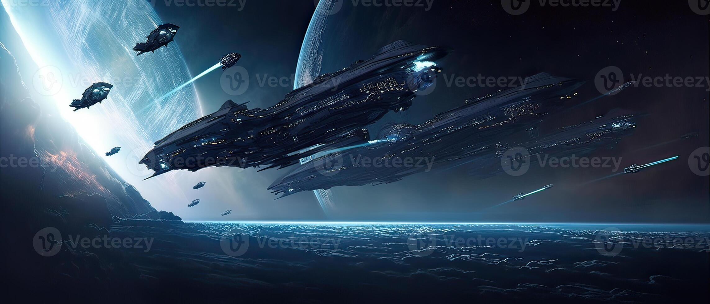 Futuristic sciFi huge battle spaceships. Futuristic sciFi huge battle spaceships concept for futuristic interstellar deep space travel for sci-fi backgrounds. . photo