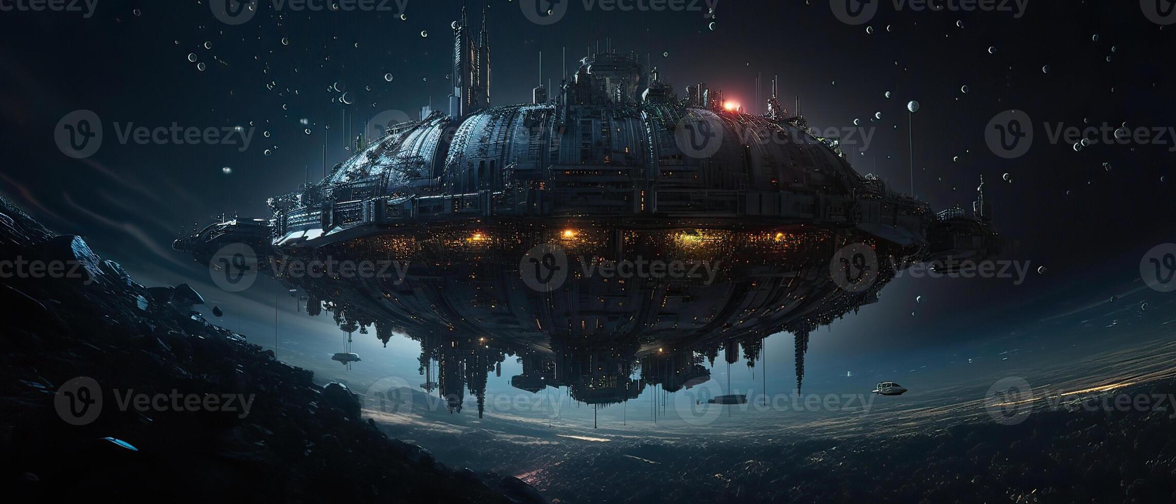 Futuristic sciFi huge battle spaceships. Futuristic sciFi huge battle spaceships concept for futuristic interstellar deep space travel for sci-fi backgrounds. . photo