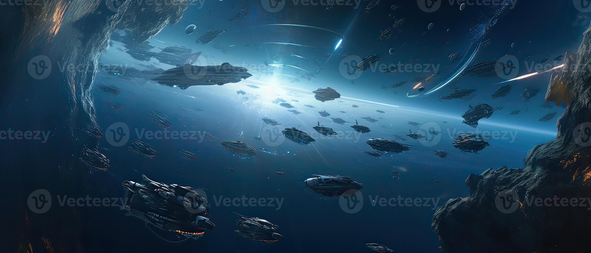 Futuristic sciFi huge battle spaceships. Futuristic sciFi huge battle spaceships concept for futuristic interstellar deep space travel for sci-fi backgrounds. . photo