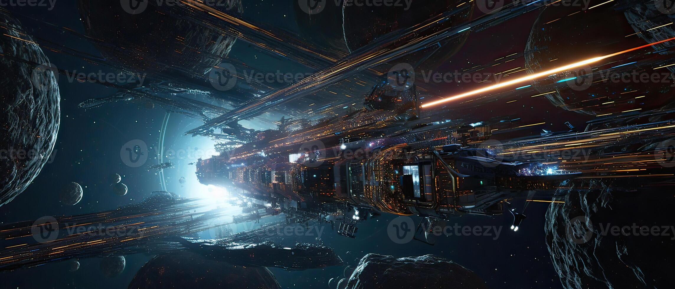 Futuristic sciFi huge battle spaceships. Futuristic sciFi huge battle spaceships concept for futuristic interstellar deep space travel for sci-fi backgrounds. . photo