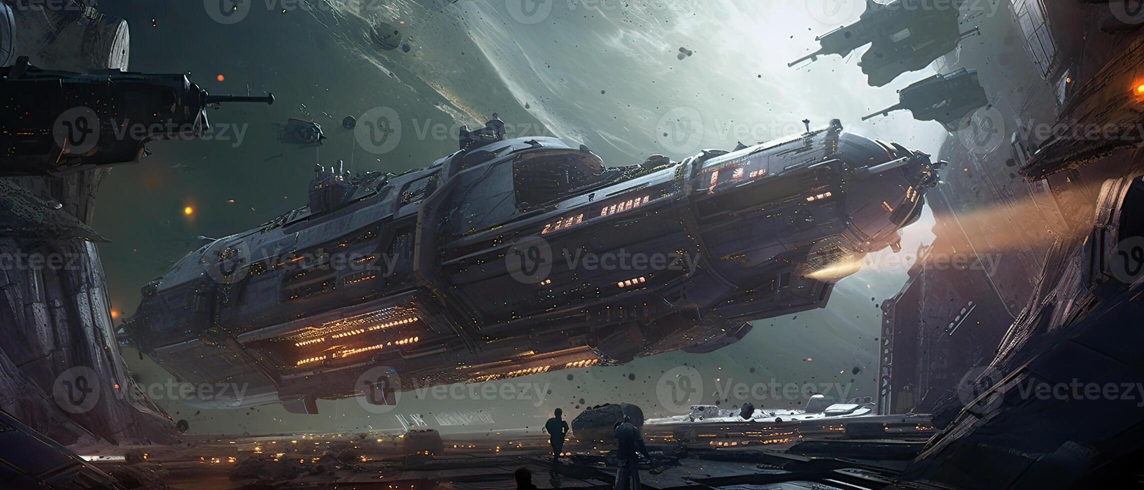 Futuristic sciFi huge battle spaceships. Futuristic sciFi huge battle spaceships concept for futuristic interstellar deep space travel for sci-fi backgrounds. . photo