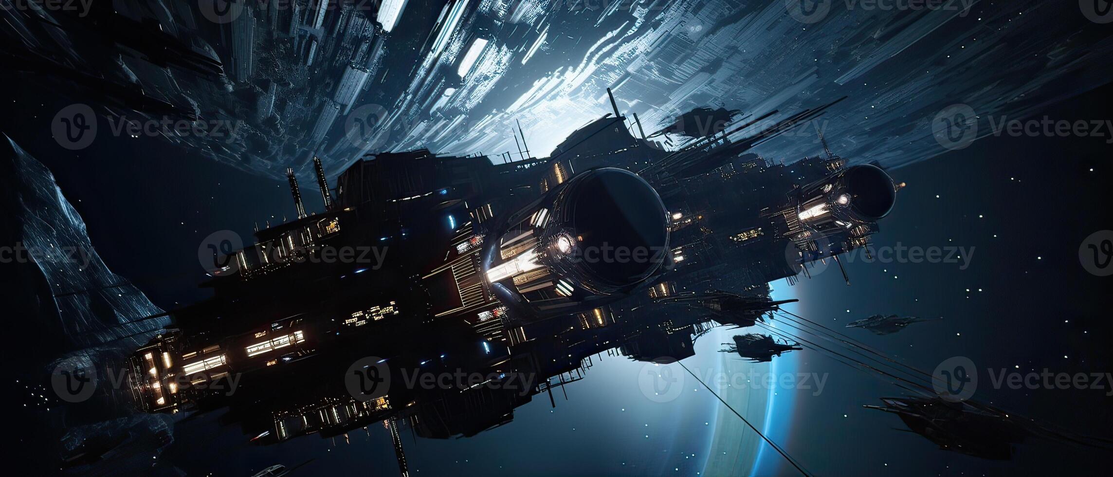 Futuristic sciFi huge battle spaceships. Futuristic sciFi huge battle spaceships concept for futuristic interstellar deep space travel for sci-fi backgrounds. . photo