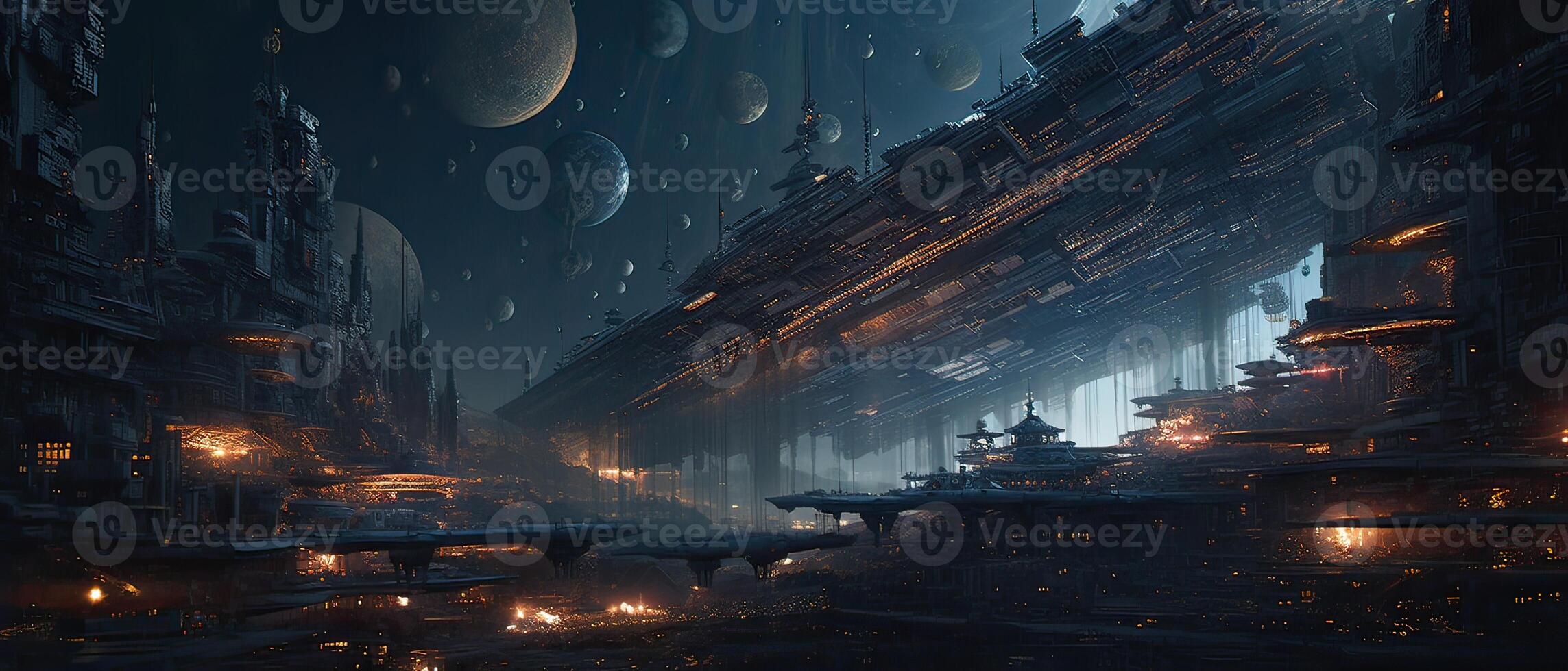 Futuristic sciFi huge battle spaceships. Futuristic sciFi huge battle spaceships concept for futuristic interstellar deep space travel for sci-fi backgrounds. . photo