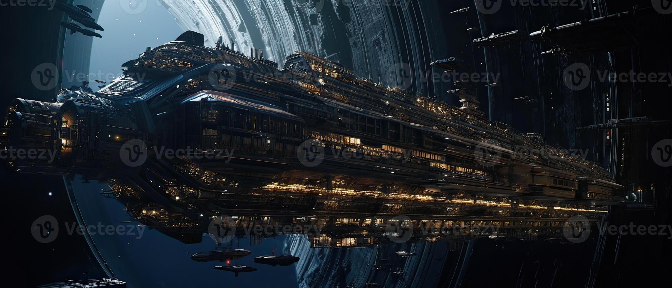 Futuristic sciFi huge battle spaceships. Futuristic sciFi huge battle spaceships concept for futuristic interstellar deep space travel for sci-fi backgrounds. . photo