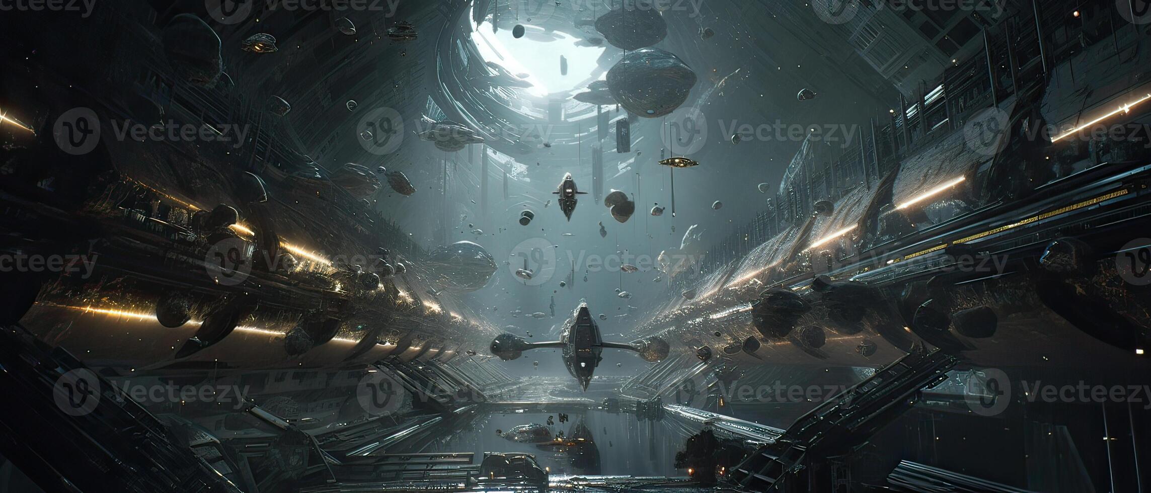 Futuristic sciFi huge battle spaceships. Futuristic sciFi huge battle spaceships concept for futuristic interstellar deep space travel for sci-fi backgrounds. . photo