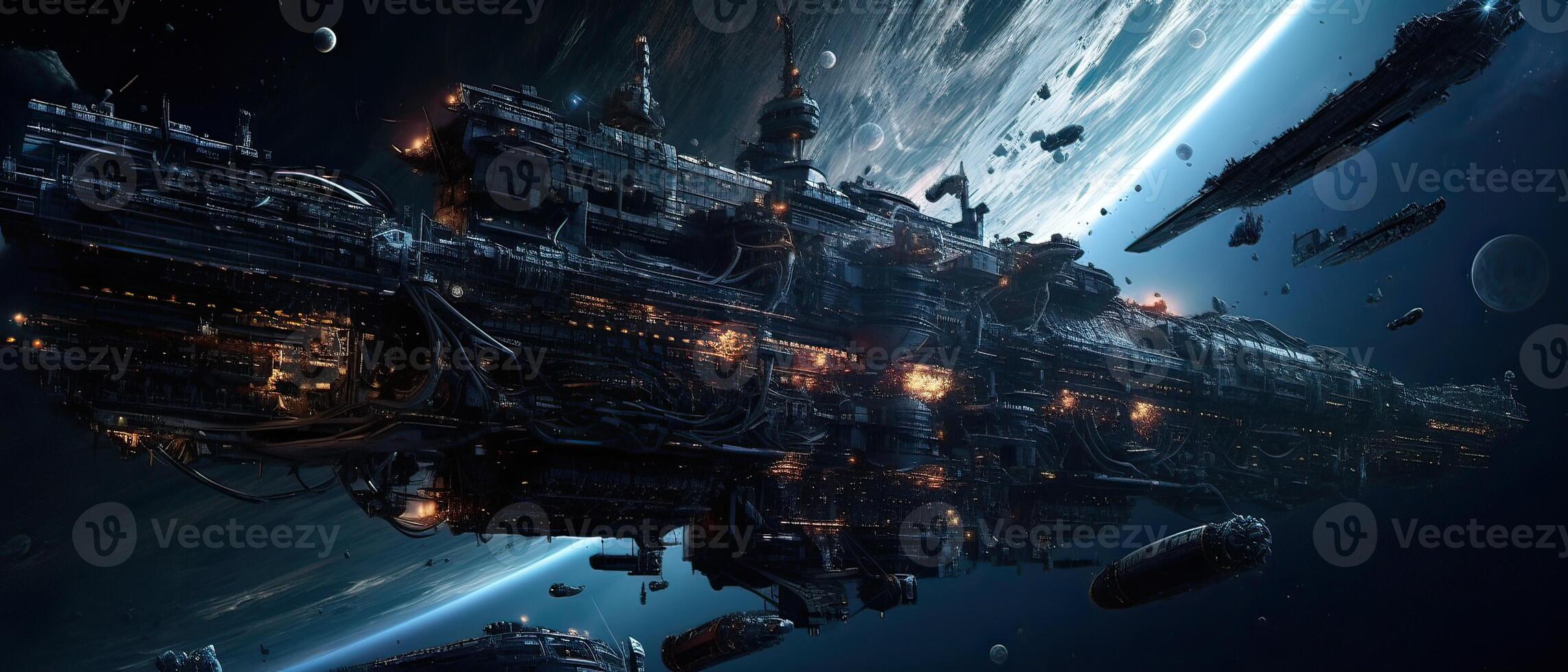 Futuristic sciFi huge battle spaceships. Futuristic sciFi huge battle spaceships concept for futuristic interstellar deep space travel for sci-fi backgrounds. . photo