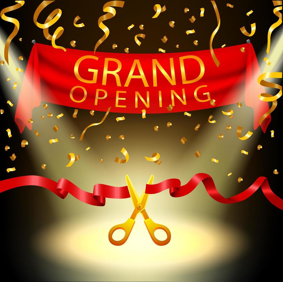 Grand opening background with spotlight and gold confetti, Vector Illustration