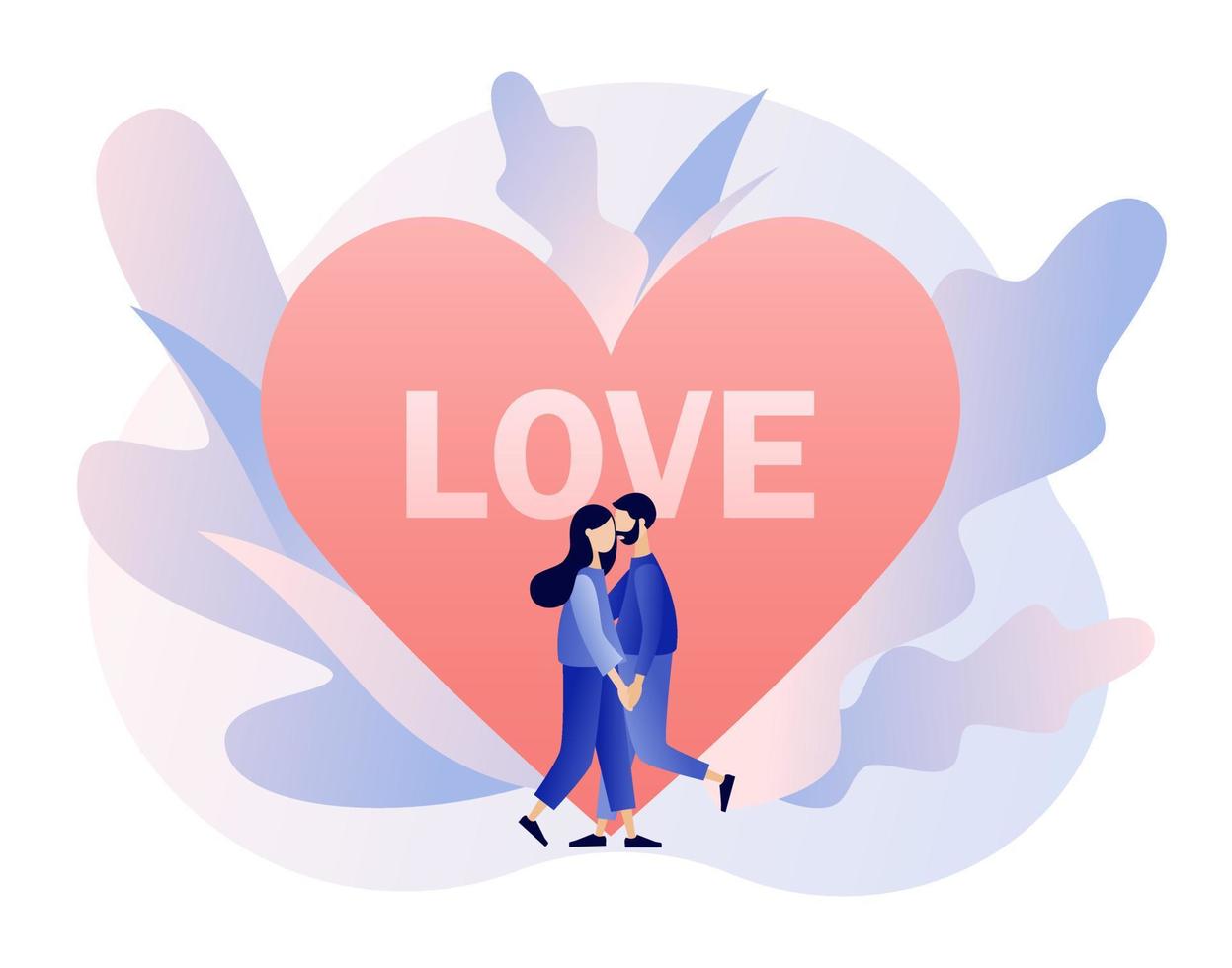 amoroso Pareja abrazando minúsculo personas con grande corazón. romántico fecha concepto. caracteres enamorado día. moderno plano dibujos animados estilo. vector ilustración en blanco antecedentes