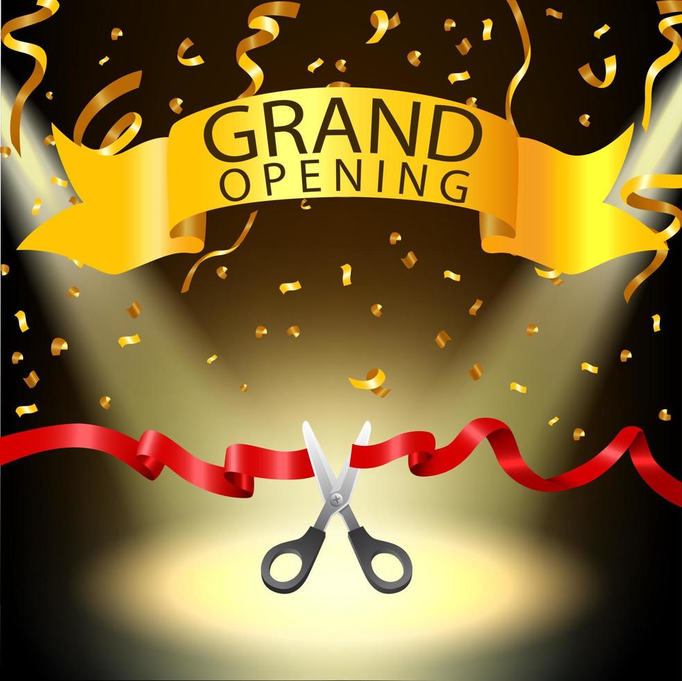 Grand opening background with spotlight and gold confetti, Vector Illustration