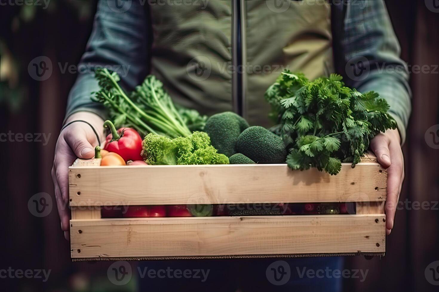 Farmer holding box with vegetables. Farmer holding wooden crate filled with fresh vegetables and fruits. . photo