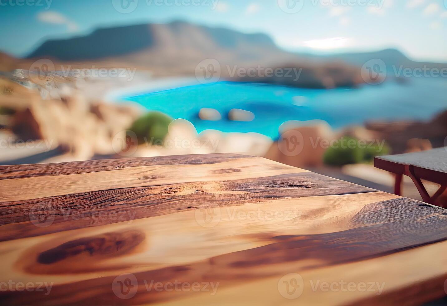 Brown wooden table, beautiful wood texture, and pattern with blurred tropical natural landscape, mountain. . photo