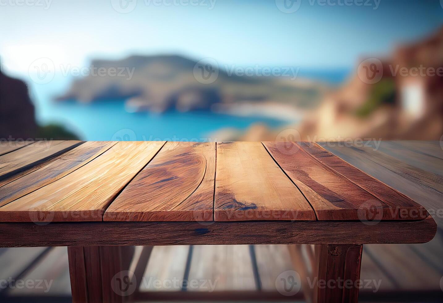 Brown wooden table, beautiful wood texture, and pattern with blurred tropical natural landscape, mountain. . photo