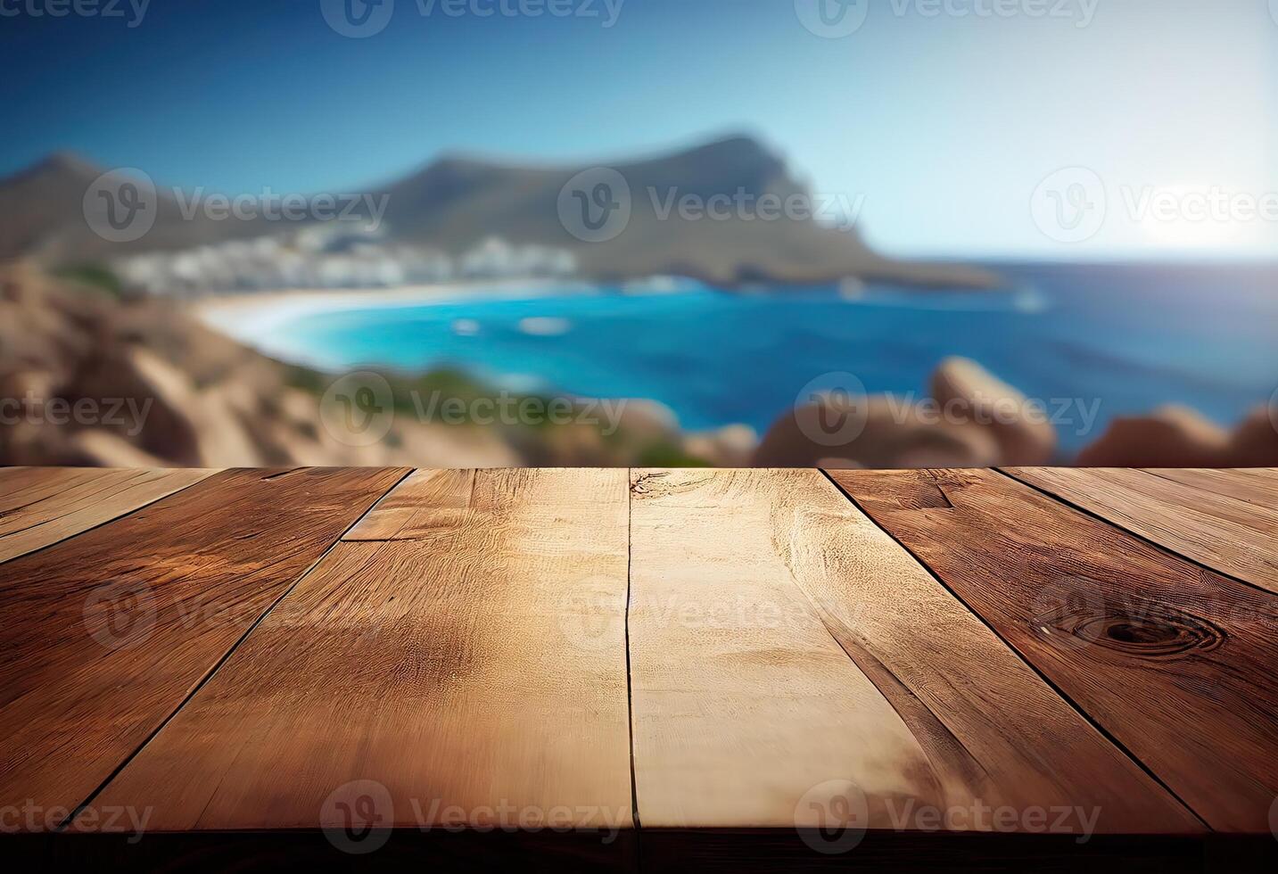 marrón de madera mesa, hermosa madera textura, y modelo con borroso tropical natural paisaje, montaña. generativo ai. foto