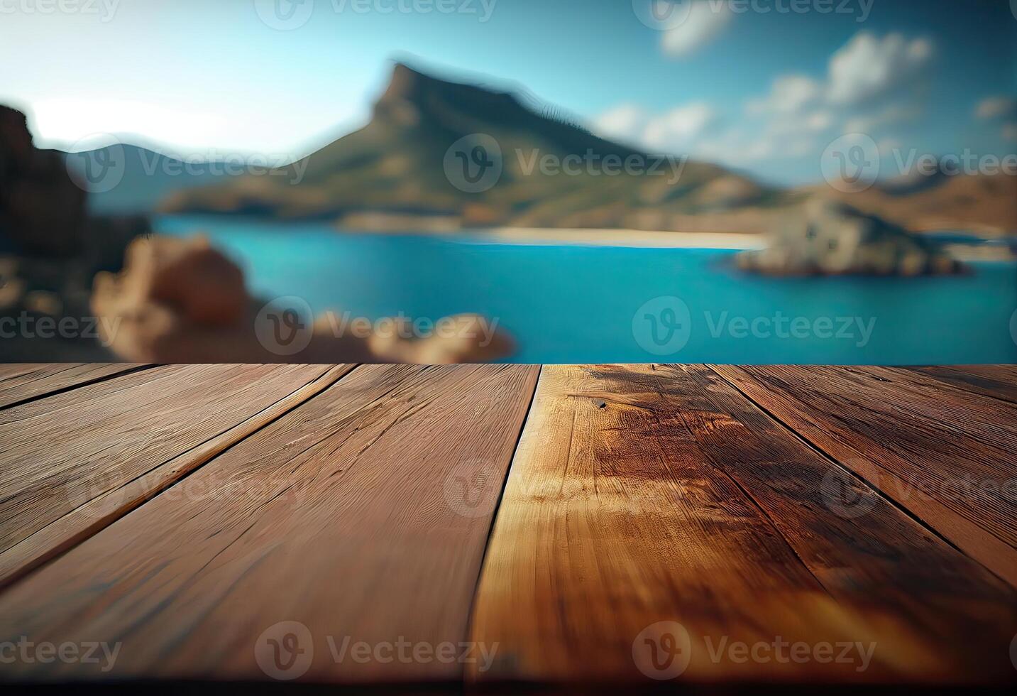 marrón de madera mesa, hermosa madera textura, y modelo con borroso tropical natural paisaje, montaña. generativo ai. foto