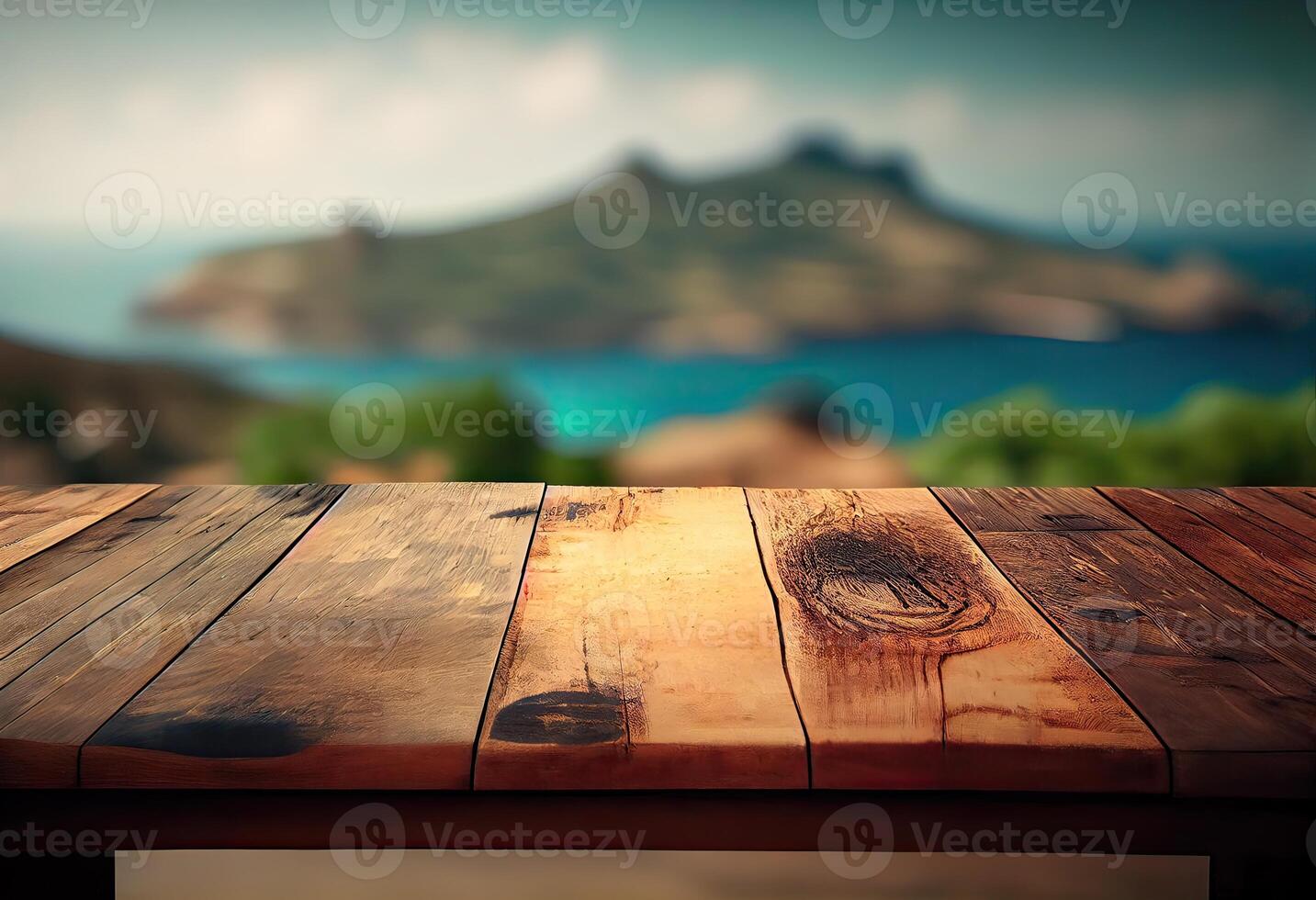 Brown wooden table, beautiful wood texture, and pattern with blurred tropical natural landscape, mountain. . photo