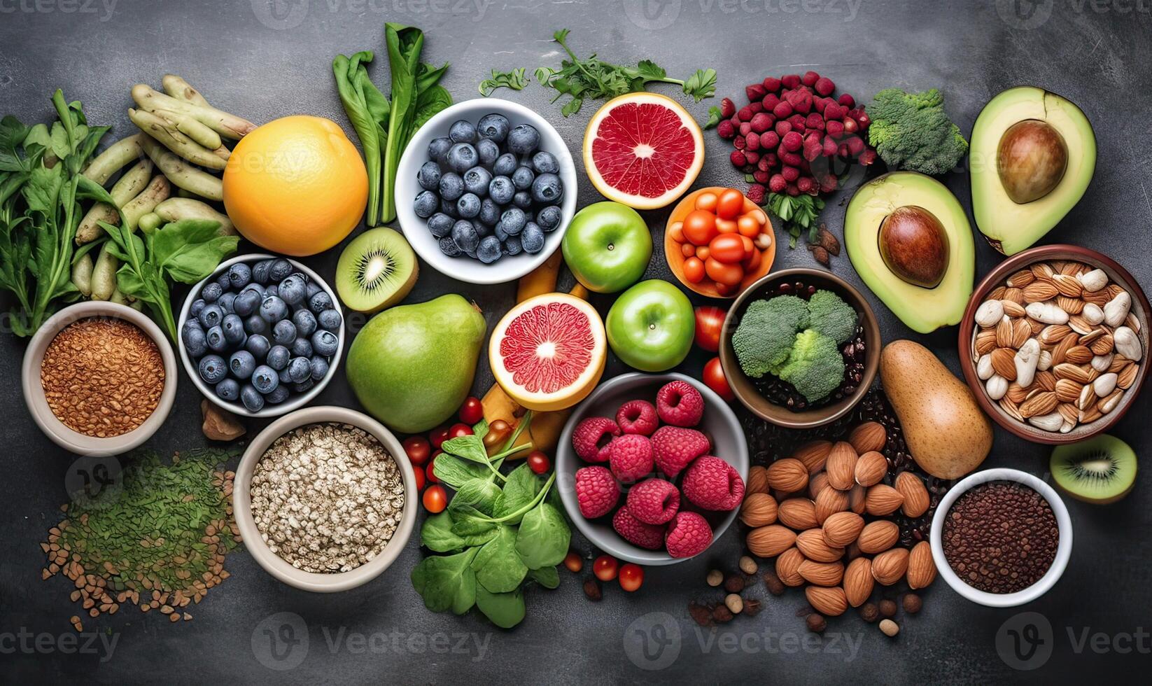 Healthy food clean eating fruit, vegetable, seeds, superfood, cereals, leaf vegetable on black wood background with copy space, top view. . photo