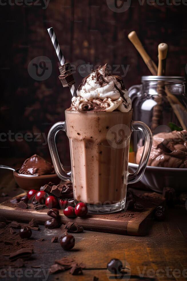 Chocolate milkshake with ice cream and with whipped cream, marshmallow, sweet popcorn, cookies, waffles, served in glass mason jar. . photo