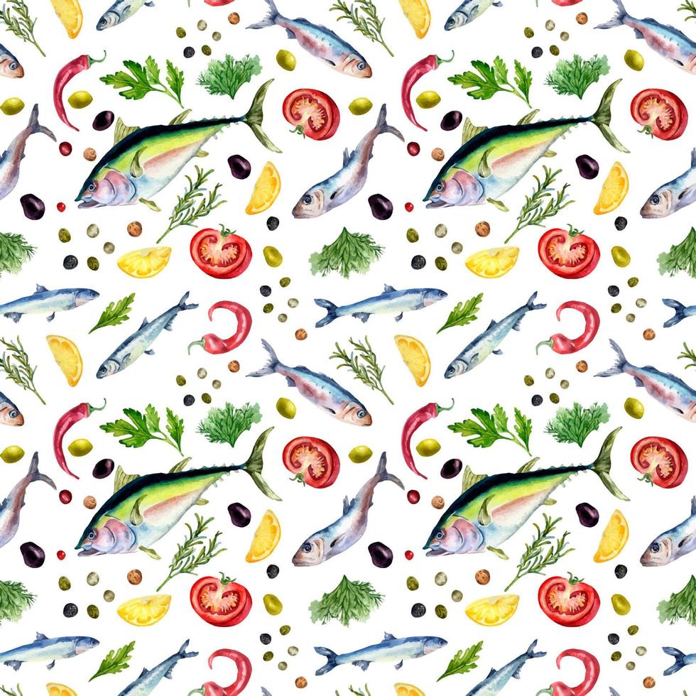 Seamless pattern of tuna, sardine and herbs watercolor isolated on white vector