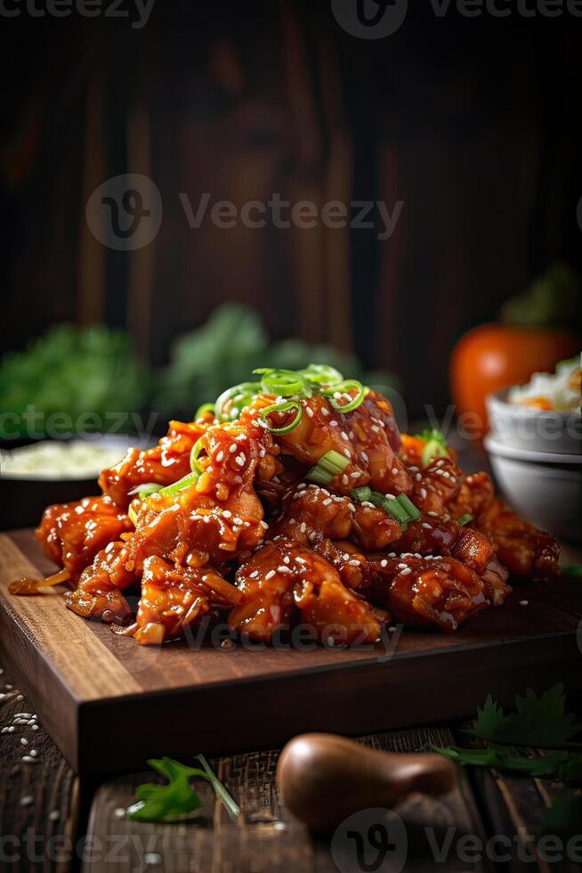 Chunks of chicken in a spicy sauce and sesame seeds. From a series of Food Korean cuisine. photo