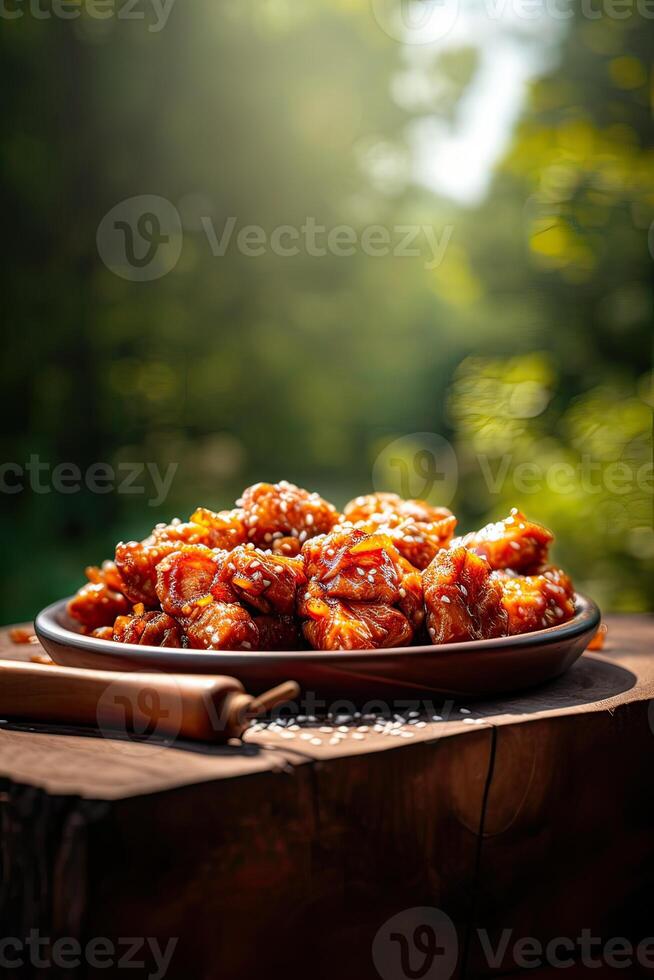 Chunks of chicken in a spicy sauce and sesame seeds. From a series of Food Korean cuisine. photo