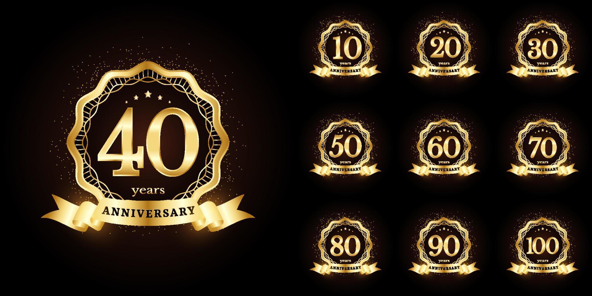 Anniversary golden luxury number emblem logo symbol vector graphic badge for birthday, age, corporate business, wedding, certificate, year, event