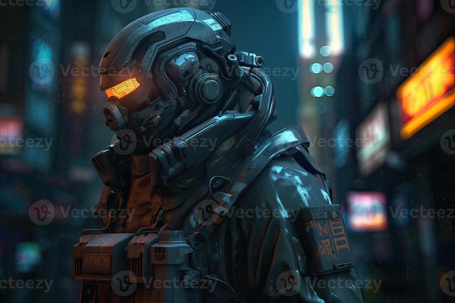 Close up A robot from the future. cyborg futuristic holographic technology. Portrait of a cyborg robot. The concept for Artificial Intelligence. photo