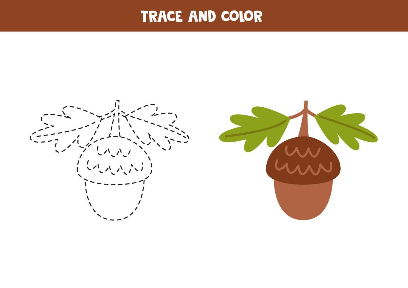 Trace and color cartoon cute acorn. Worksheet for children. 22674713