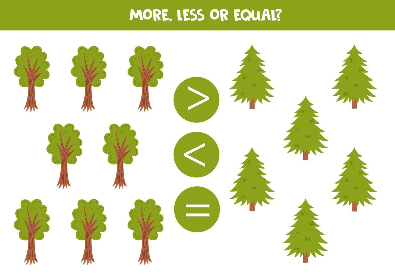 More, less or equal with cartoon forest trees. vector