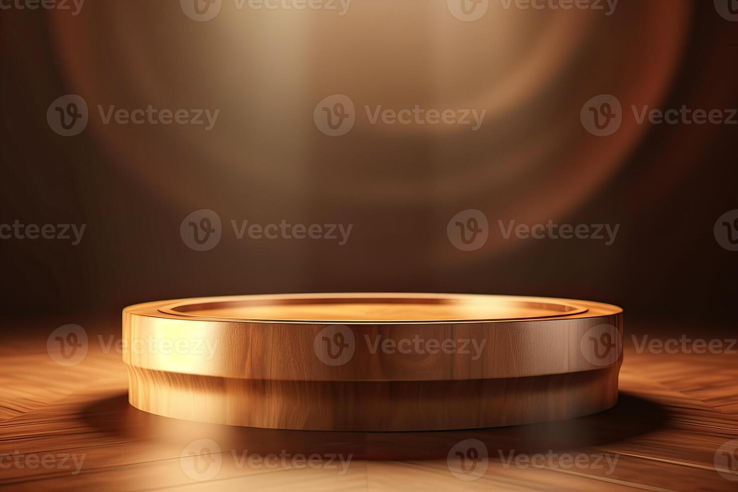 One brown wooden round cylinder product stage podium on orange background. Minimal fashion theme. Geometry exhibition stage mockup concept. 3D illustration rendering graphic design. . photo