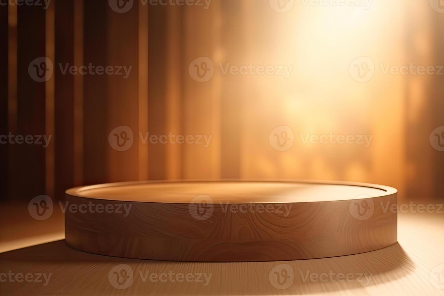 One brown wooden round cylinder product stage podium on orange background. Minimal fashion theme. Geometry exhibition stage mockup concept. 3D illustration rendering graphic design. . photo