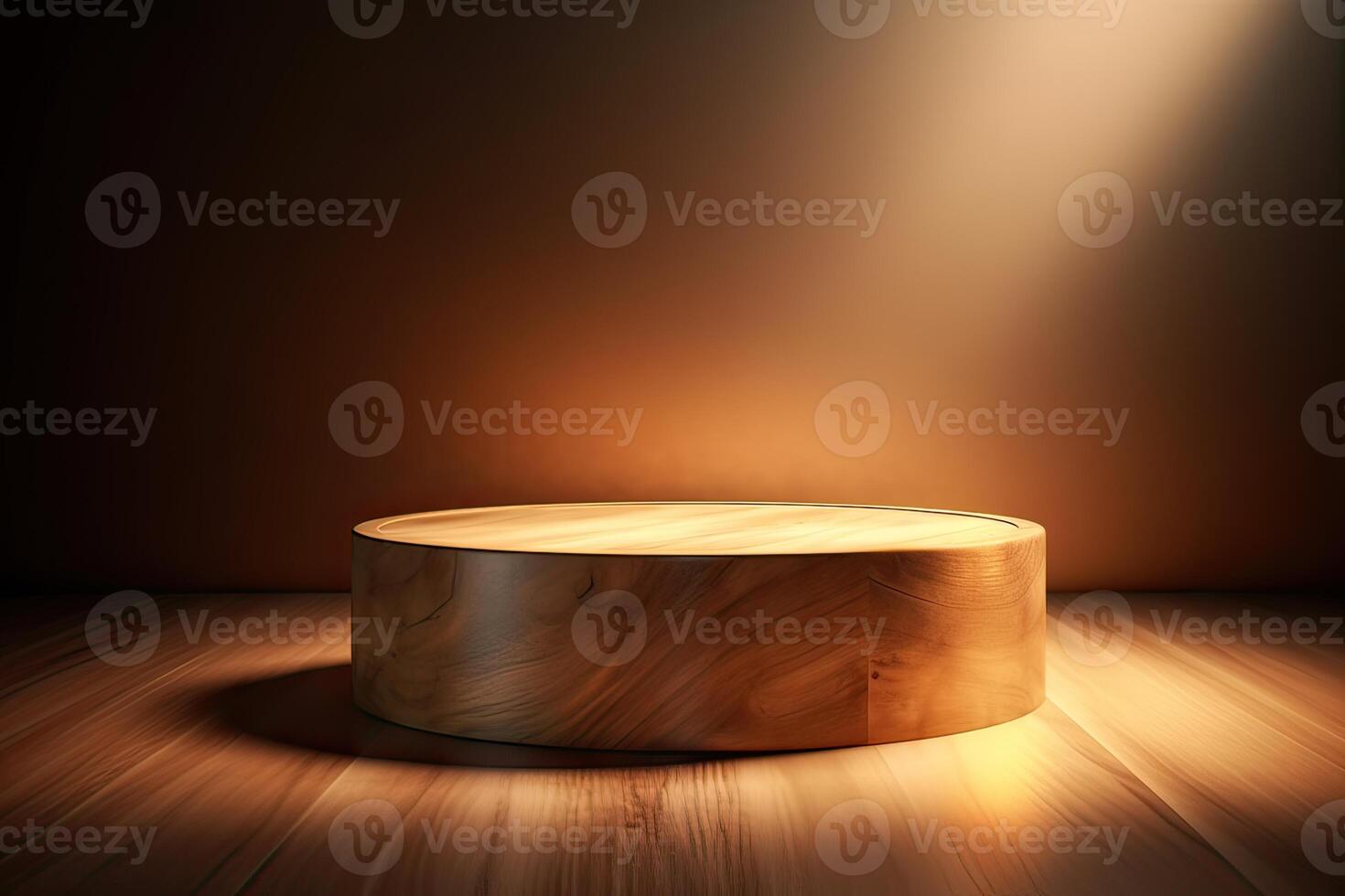 One brown wooden round cylinder product stage podium on orange background. Minimal fashion theme. Geometry exhibition stage mockup concept. 3D illustration rendering graphic design. . photo