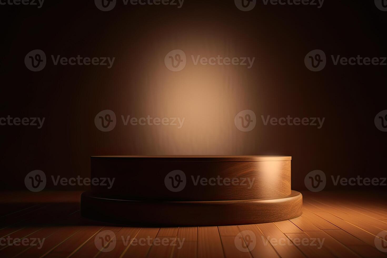 One brown wooden round cylinder product stage podium on orange background. Minimal fashion theme. Geometry exhibition stage mockup concept. 3D illustration rendering graphic design. . photo