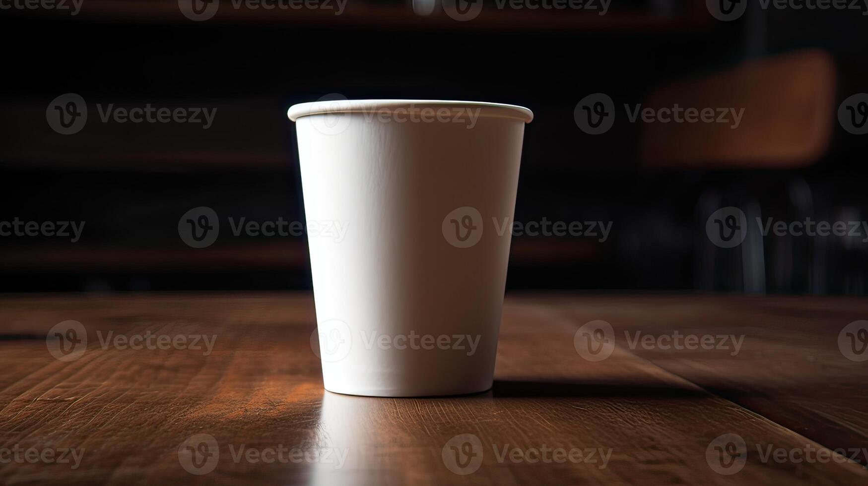 Paper Cup of coffee on wooden wall background. photo