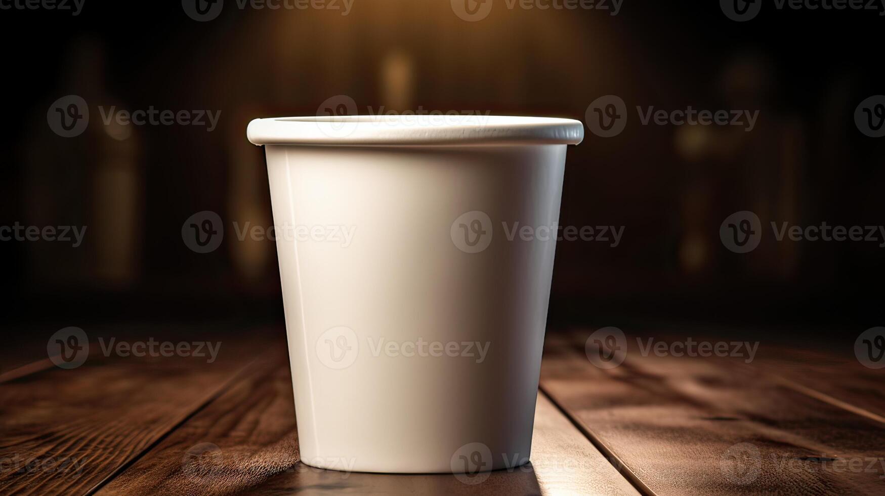 Paper Cup of coffee on wooden wall background. photo