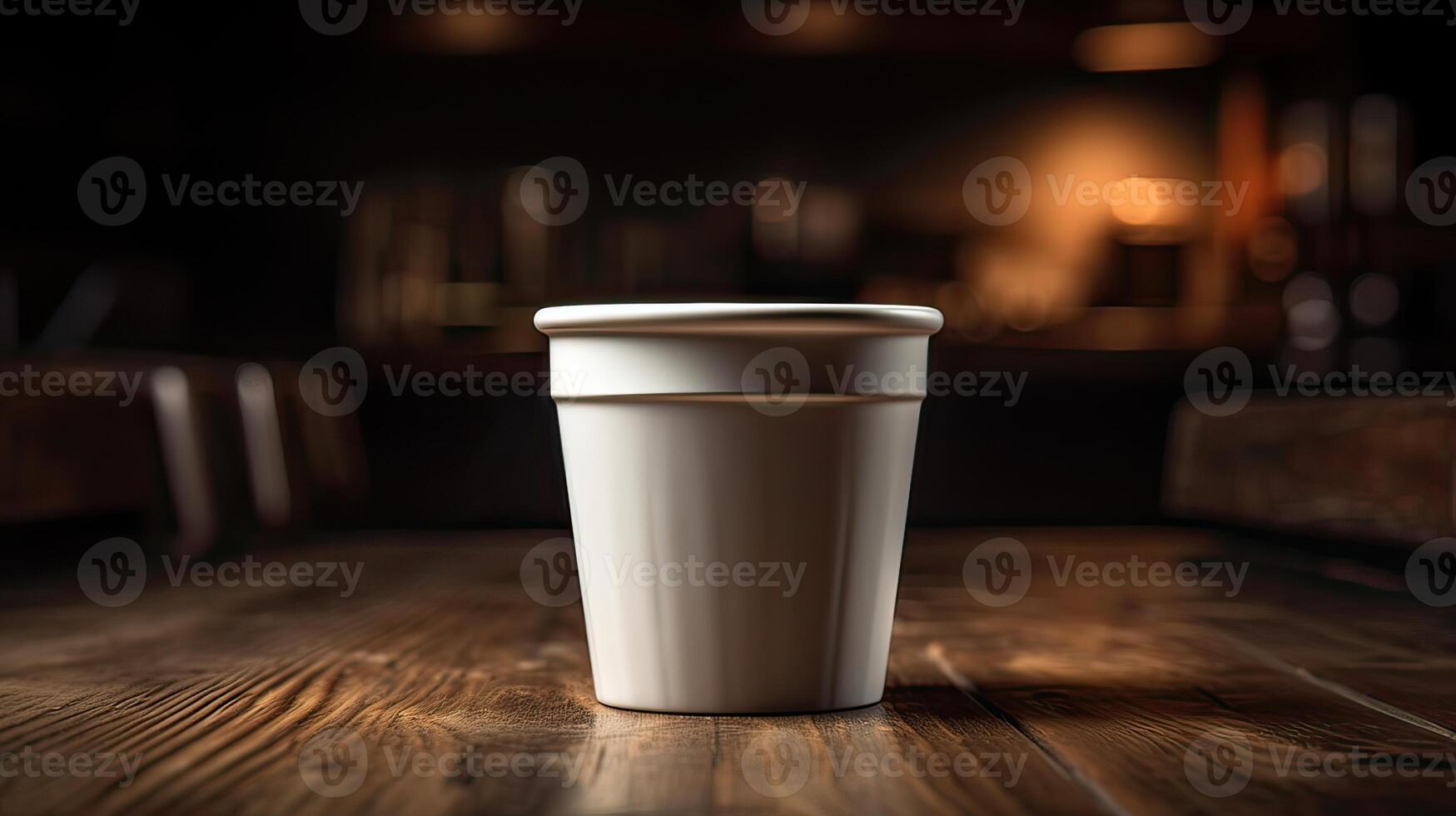 Paper Cup of coffee on wooden wall background. photo