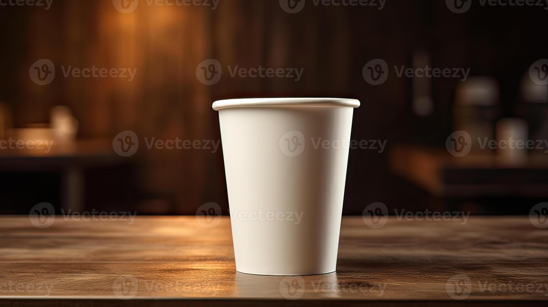 Paper Cup of coffee on wooden wall background. photo