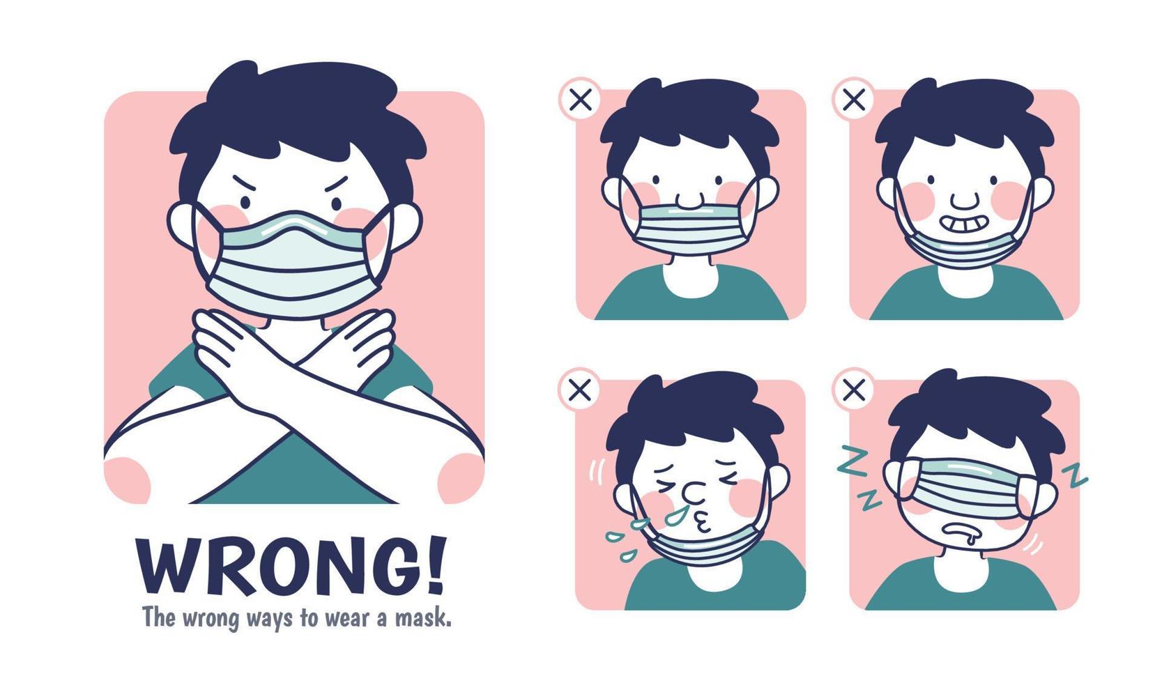 COVID-19 prevention illustration, the incorrect examples of wearing a mask vector