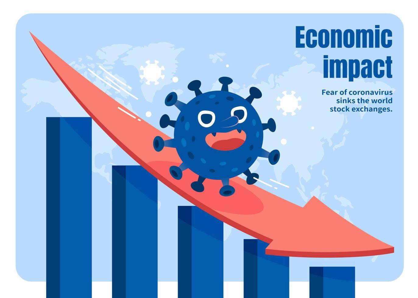 Concept of global economic impact caused by COVID-19, a cartoon style virus pathogen sliding down the declining chart vector