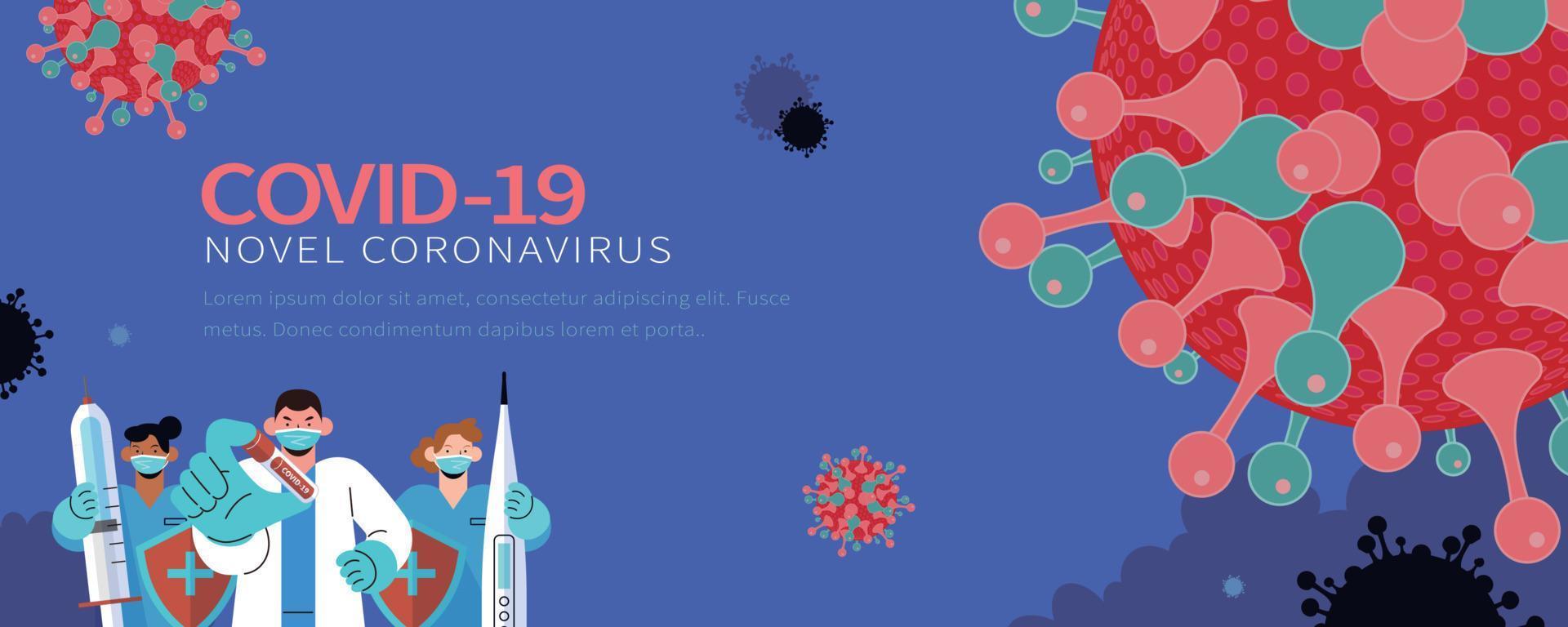 Concept of defending against COVID-19 infection with professional medical support, medical team holding syringe, thermometer and test tube in their hands vector