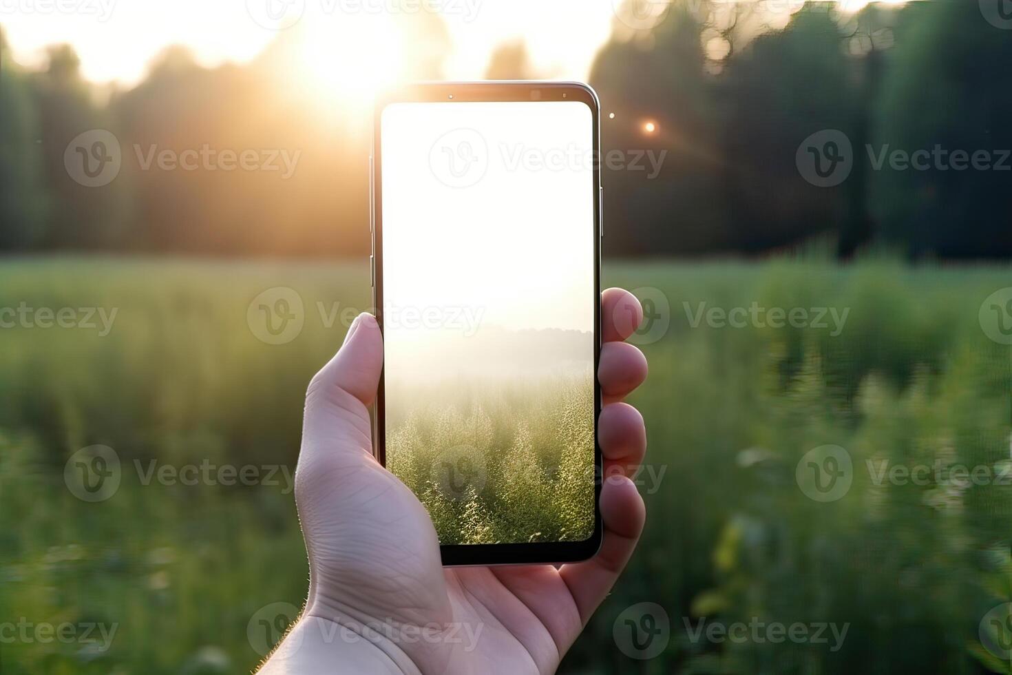 Close up view of hands holding mock up smart phone with green blurred background. photo